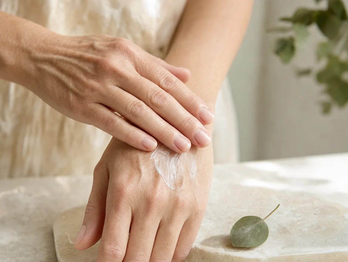 Hände verteilen eine Handcreme auf dem Handrücken