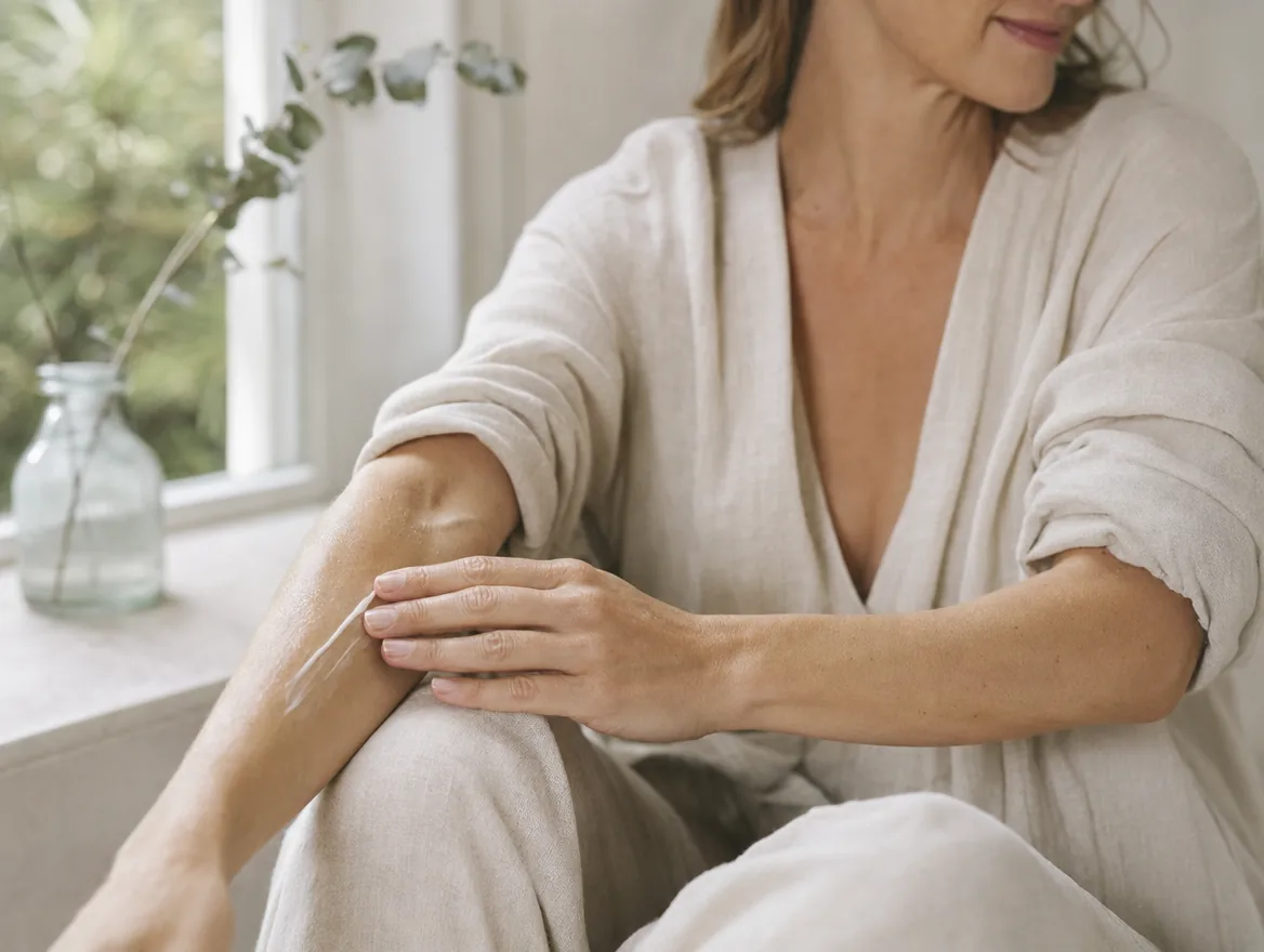A woman applying body milk to her forearm